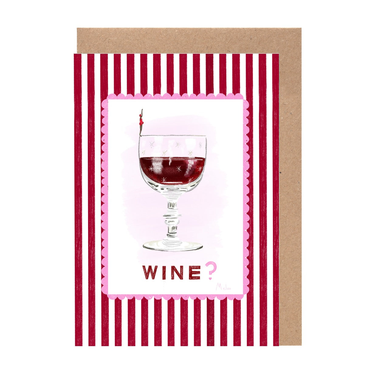 a wine glass with a question mark above it, set against a background of red and white striped patterns.