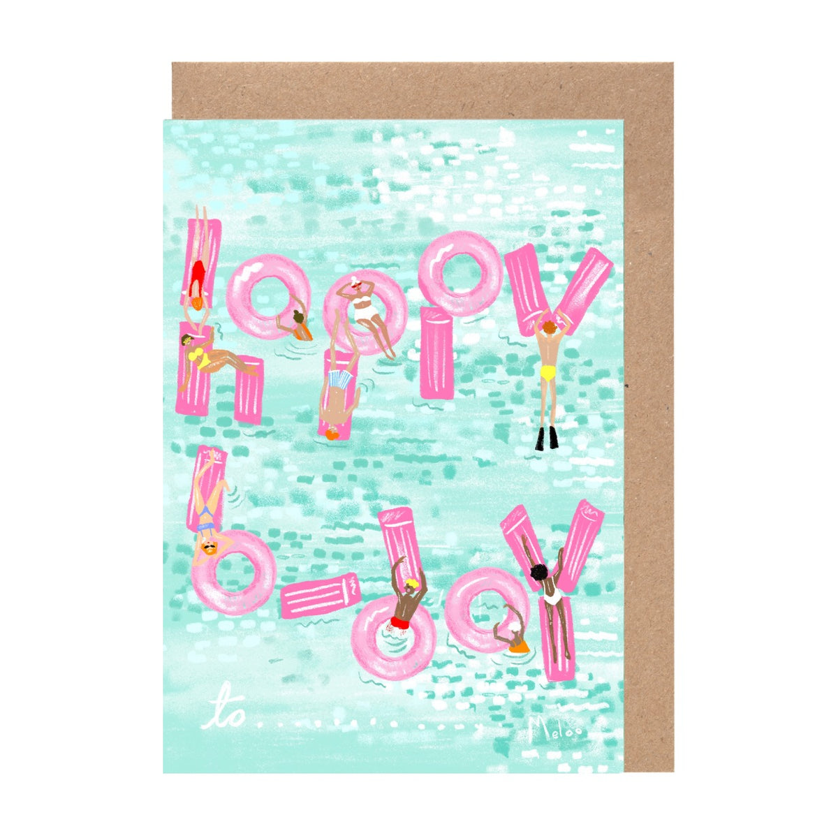 The image is a birthday card with a water theme, featuring people swimming and floating on pink inflatable tubes.