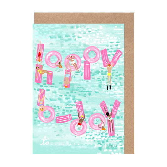The image is a birthday card with a water theme, featuring people swimming and floating on pink inflatable tubes.