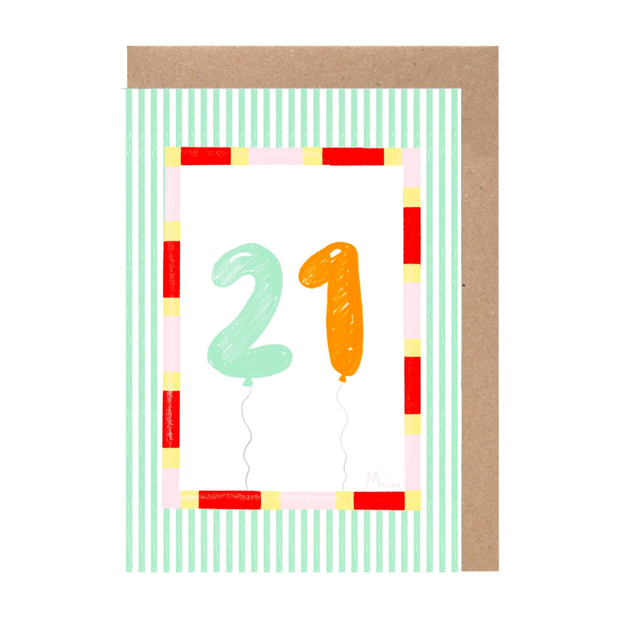 A birthday card with the number 21 and two balloons, one green and one orange, against a striped background.