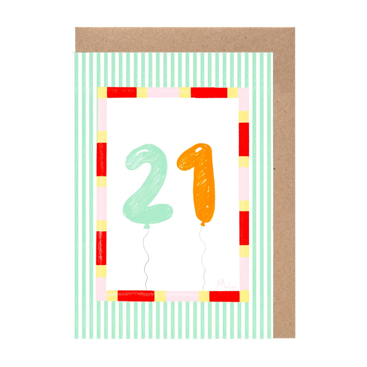 A birthday card with the number 21 and two balloons, one green and one orange, against a striped background.