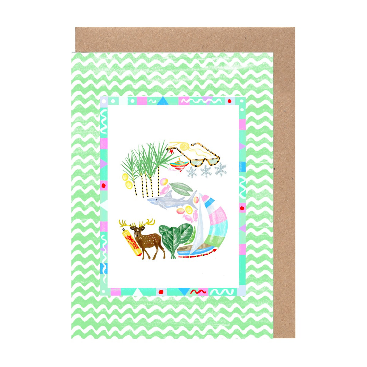 The image is a colorful and vibrant greeting card featuring a variety of animals and objects, including a deer, a bird, and a fish, all set against a green and white zigzag pattern.