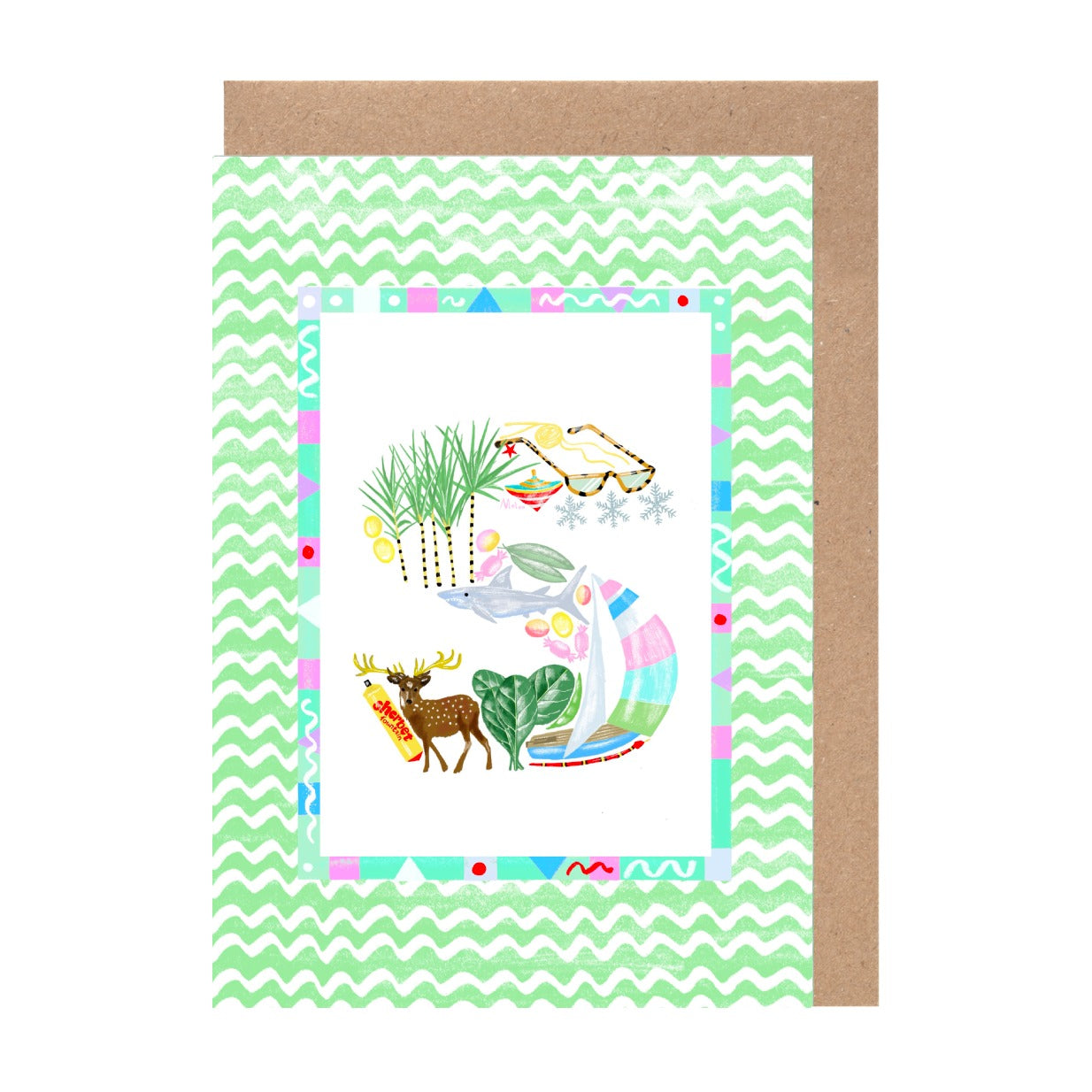 The image is a colorful and vibrant greeting card featuring a variety of animals and objects, including a deer, a bird, and a fish, all set against a green and white zigzag pattern.