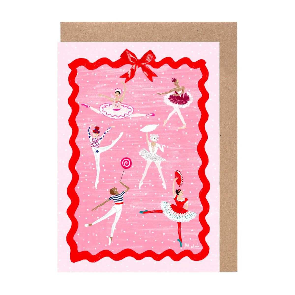 The image is a vibrant illustration of a group of dancers, each wearing unique costumes and performing various poses, set against a pink background with a red ribbon.