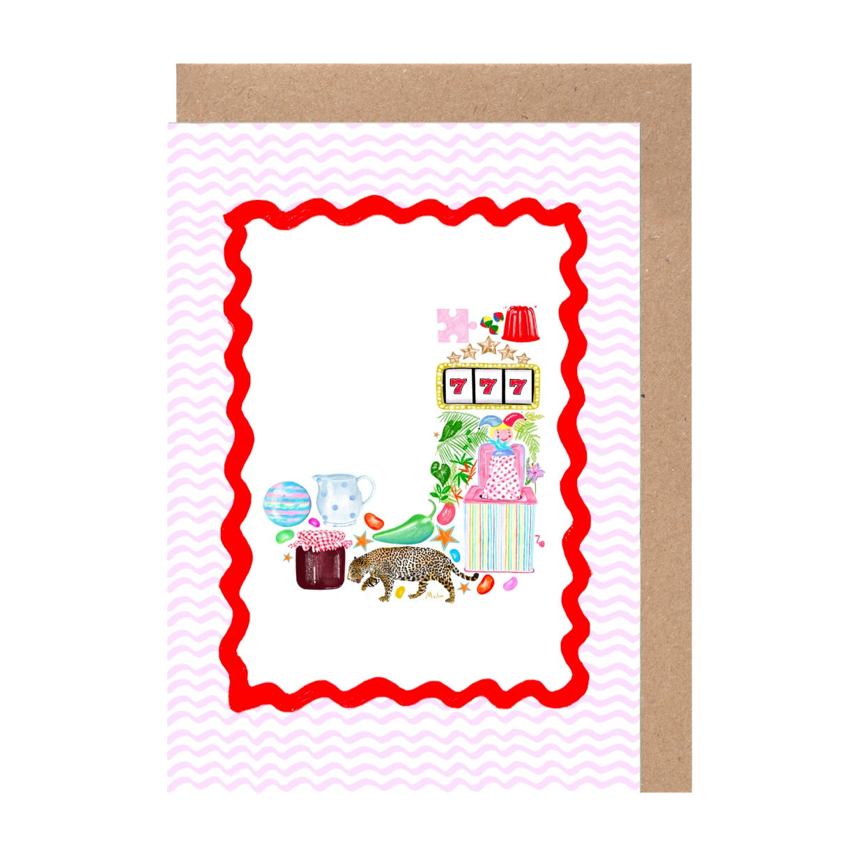 The image is a collage of various objects, including a cat, a jar, a vase, and a clock, all set against a pink and white background with a red border.