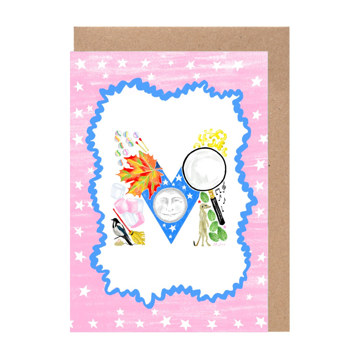 The image is a colorful and whimsical illustration of the letter 'M' composed of various objects and elements, such as a leaf, a magnifying glass, a bird, and a star.