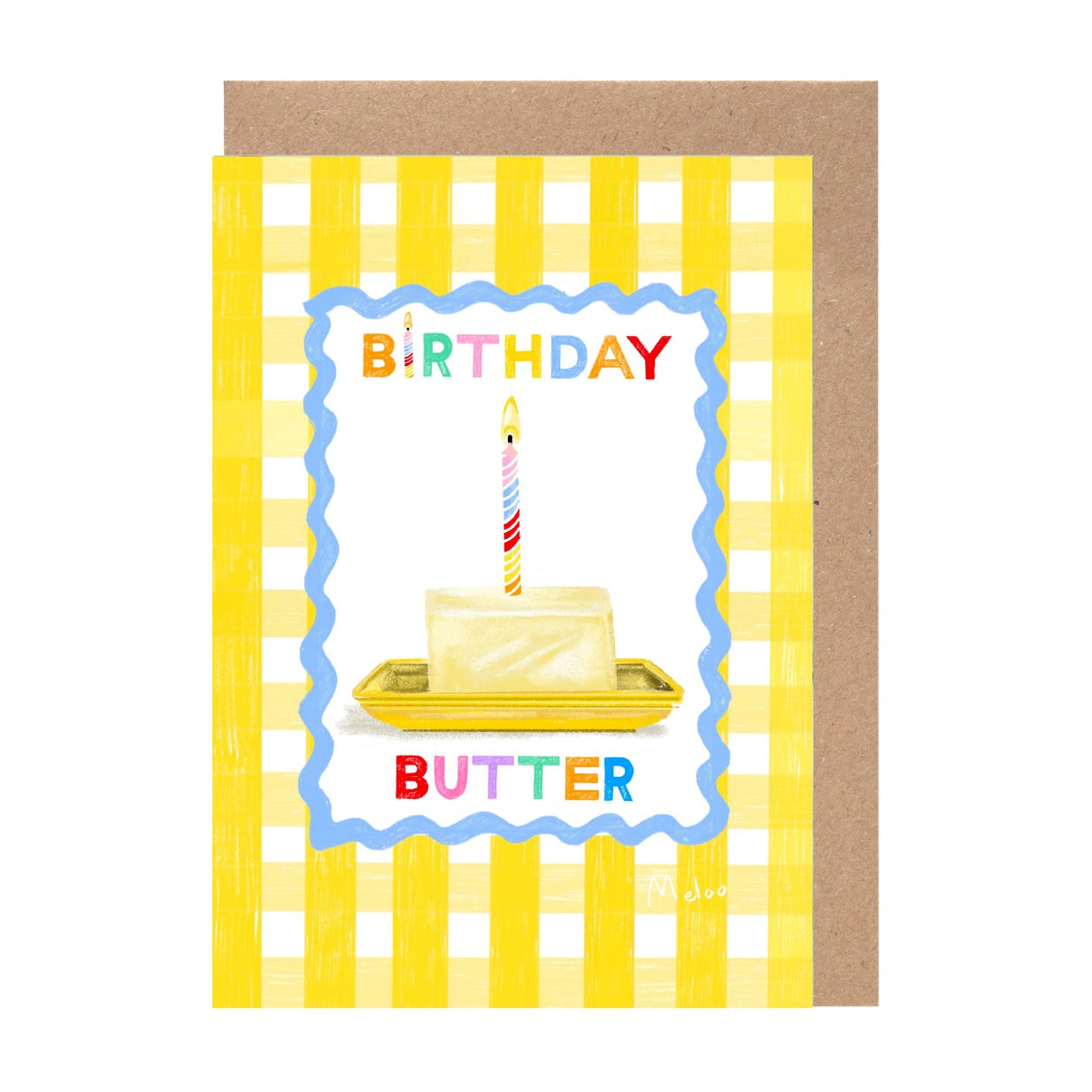 A birthday card with a yellow and white checkered background, featuring a single lit birthday candle on a piece of butter.