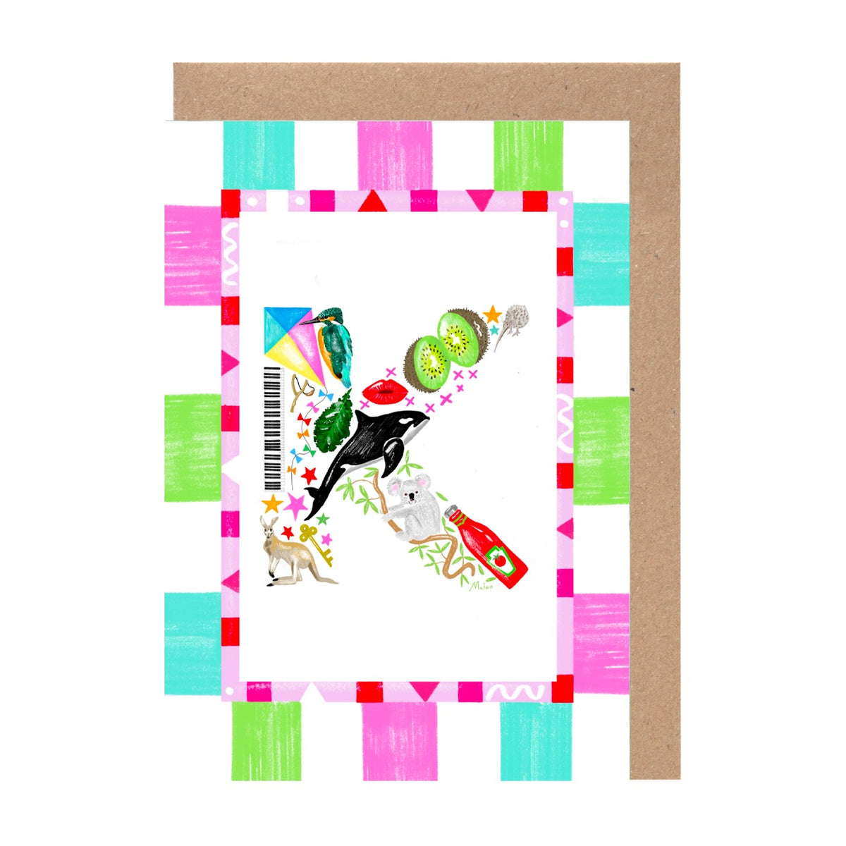 The image is a colorful and vibrant collage featuring various objects and shapes, including a kiwi fruit, a bird, a bottle, and a diamond, all set against a white background.