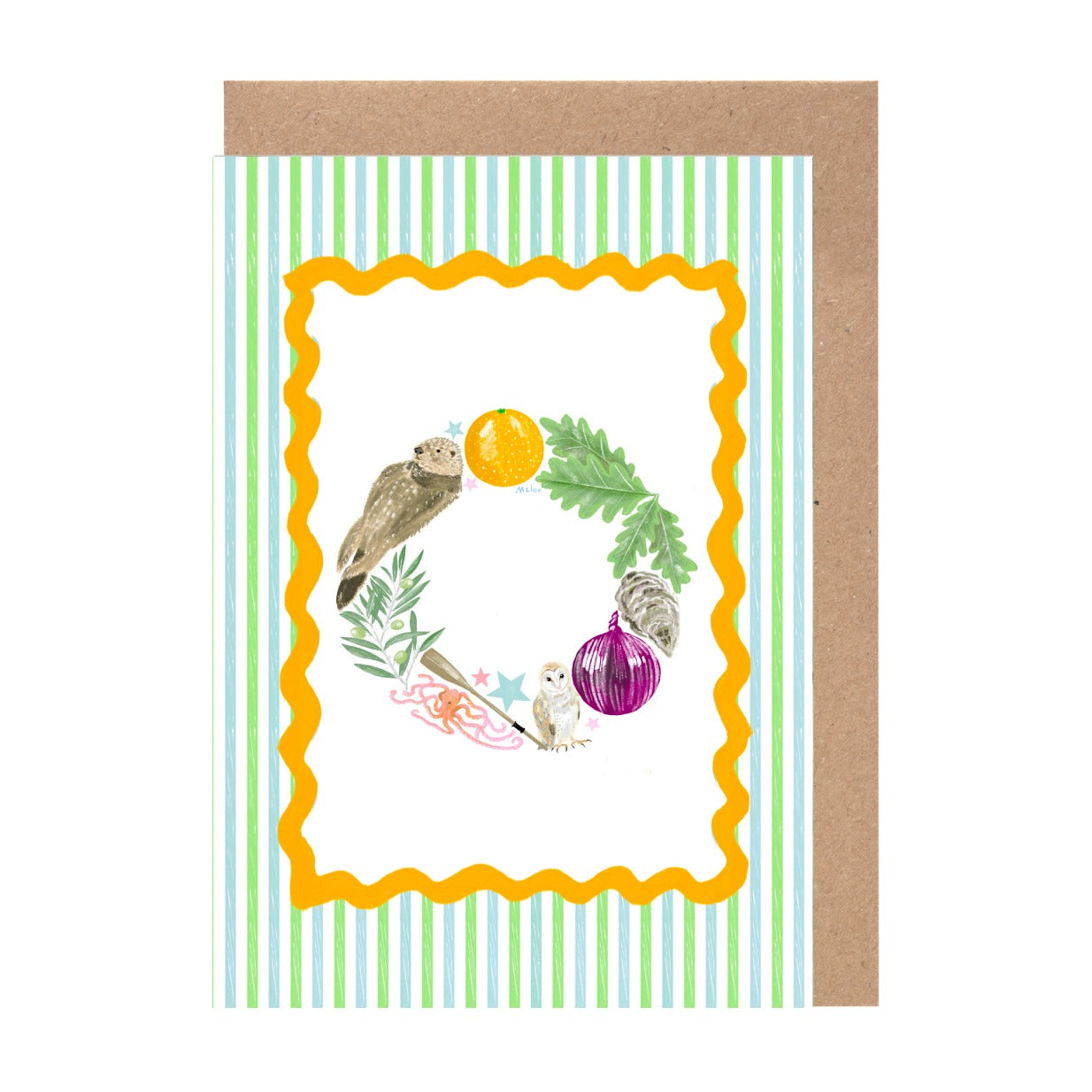 A greeting card with a wreath design featuring various elements such as an owl, a sun, leaves, and a purple onion.