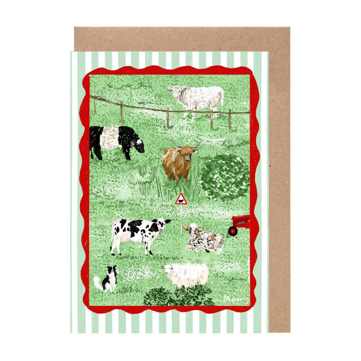 The image is a collage of various farm animals, including cows, sheep, and a bull, set against a green field with a red and white striped border.
