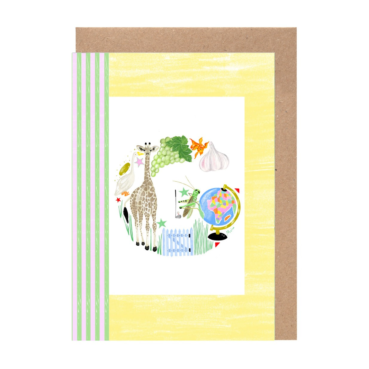 A colorful illustration of a giraffe, globe, and various other objects, including a bird, a flower, and a globe, all set against a yellow background.