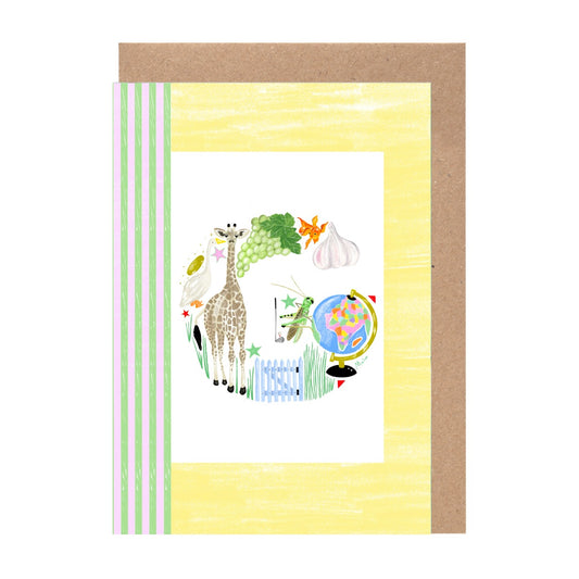 A colorful illustration of a giraffe, globe, and various other objects, including a bird, a flower, and a globe, all set against a yellow background.