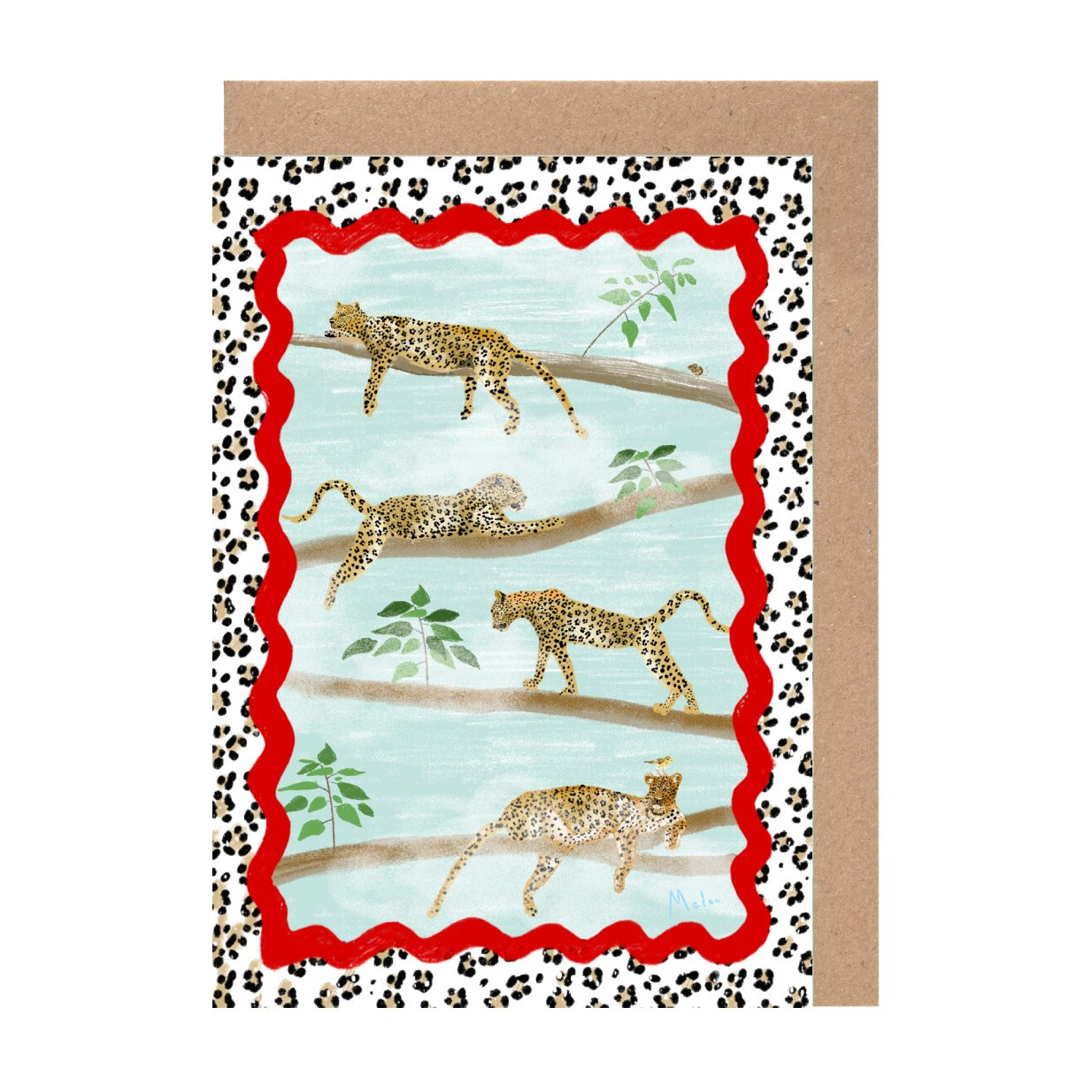 The image is a collage of five leopard images, each depicting a different stage of a leopard's movement, such as walking, running, and resting. The leopard images are set against a blue background with a red border, and the collage is framed by a brown border with a white and black spotted pattern.