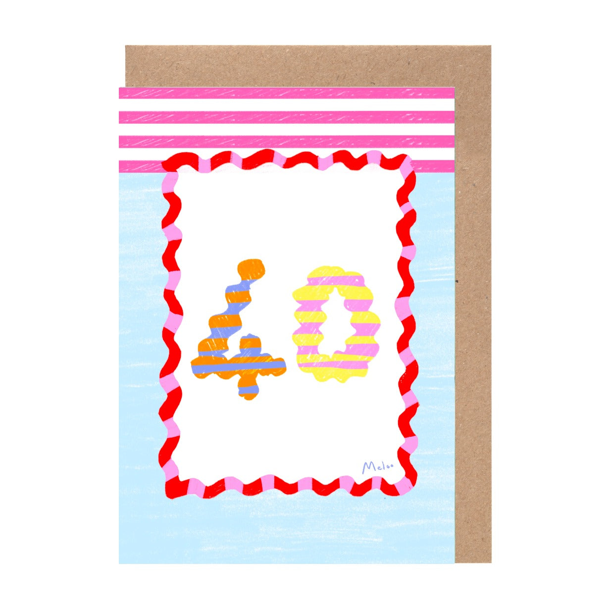 The image is a colorful greeting card featuring the number 40 in a playful and creative design.